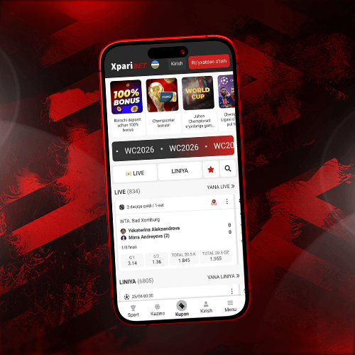 Xparibet mobil ilovasining bosh ekrani — LIVE va liniya, oʻzbek tilida